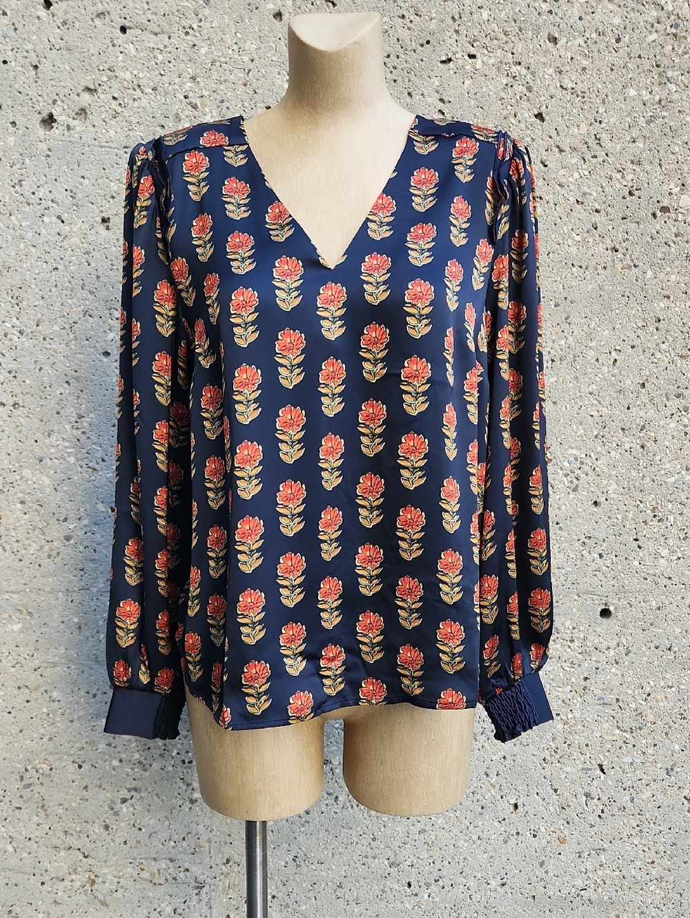 Cabi Navy Floral V-Neck Long-Sleeve Top
